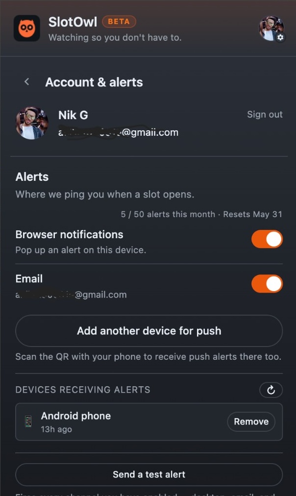 SlotOwl account and alerts panel showing 5 of 50 alerts this month, browser notifications, email, and a paired Android phone